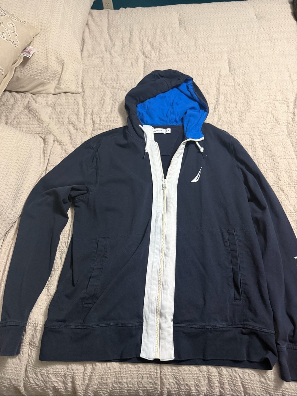 Nautica Navy Hooded zip up jacket with Bright Blue Lining and White Trim